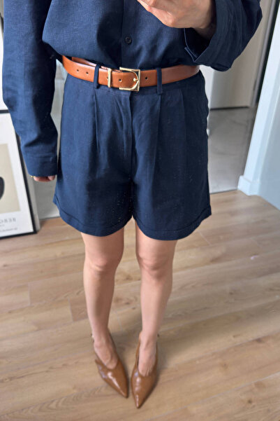 Sue Store Сині преміум шорти з поясом з льону