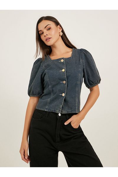 Styli Solid Blouse With Puff Sleeve And Button Up Front
