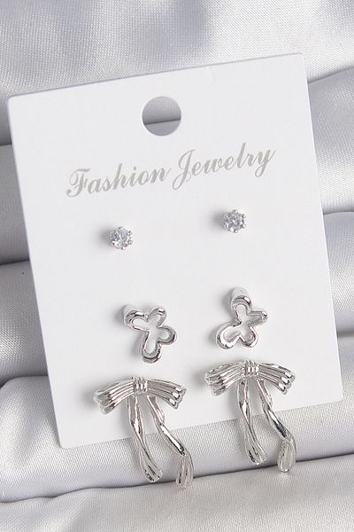 Skygo Brass Silver Color Zircon Stone Bow Model Butterfly Detail 3 Pairs Women's Earrings - Tj-Bkp10597