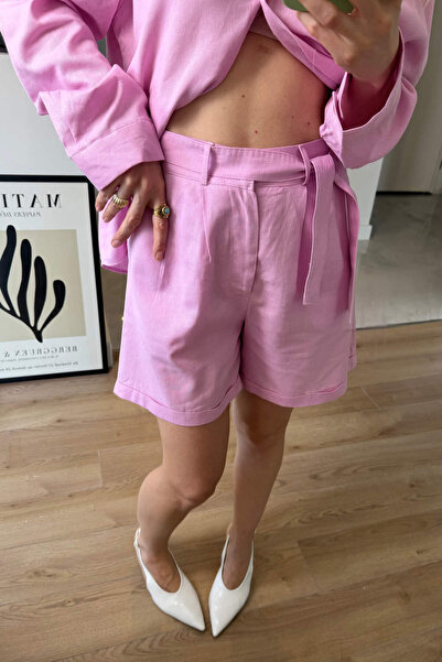 Sue Store Рожеві преміум шорти з поясом з льону