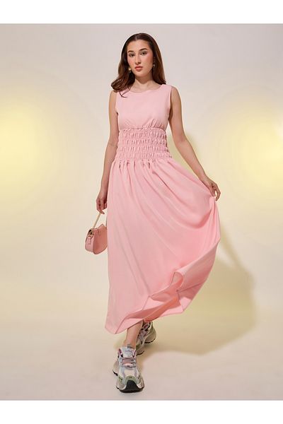 Styli Solid Smocked Waist Sleeveless A-Line Midi Dress