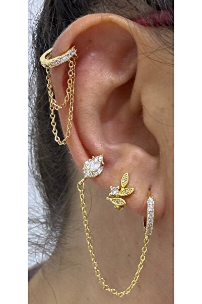 Arescollection Zirkon taşlı 1 adet zincir bağlantılı ikili kıkırdak kulak memesi uyumlu piercing küpe