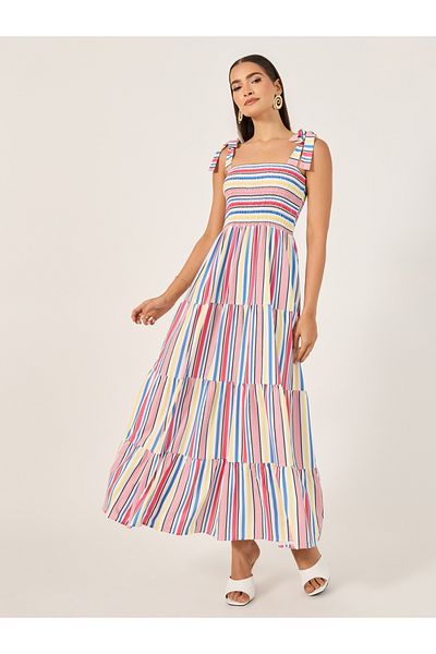 Styli Striped Shirred Tiered Midi Dress