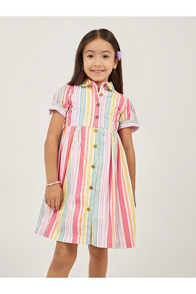 Styli Striped Puff Sleeves Button Front Dress