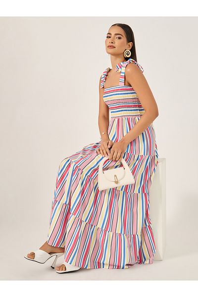 Styli Striped Shirred Tiered Midi Dress