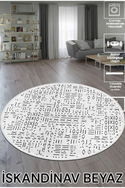 new colourse Beyaz Yuvarlak İskandinav Şönil Kilim Altı Pamuk Kaymaz Dokuma T...