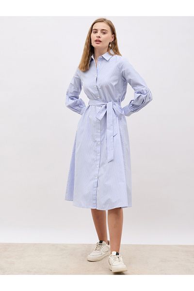 Styli Striped Long Sleeve Belted Shirt Midi Dress