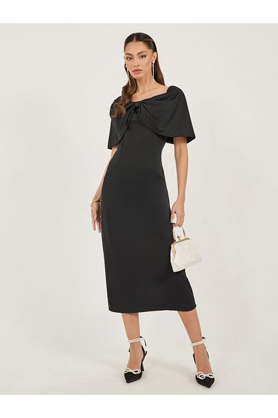 Styli Black Off-the-Shoulder Midi Sheath Dress