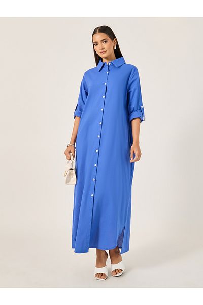 Styli Solid Button-Down Shirt Maxi Dress