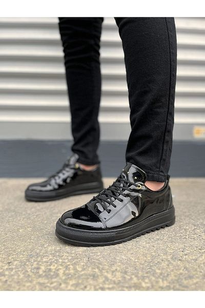 Joy Ayakkabı Jy152 Cool Lace-Up Patent Leather Men's Casual Sports Classic Shoes Rst - Black