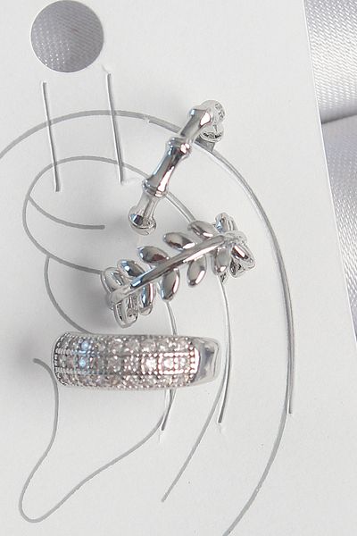 Skygo Brass Silver Color Zircon Stone 3-Piece Model Leaf Figure Women's Cartilage Earrings - Tj-Bkp10564