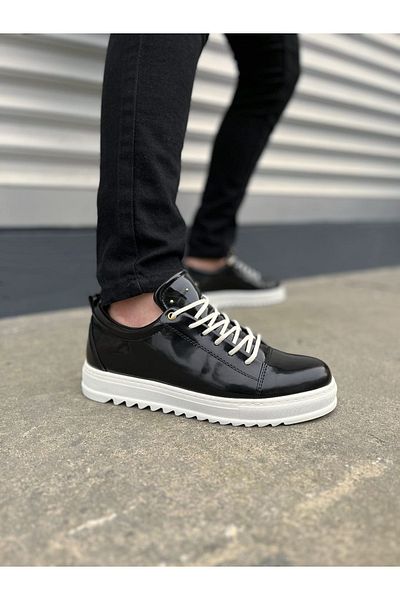 Joy Ayakkabı Jy152 Cool Lace-Up Patent Leather Men's Casual Sports Classic Shoes Rbt - Black