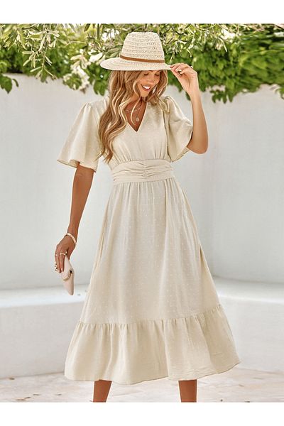 Take Two By Styli Plain Beige Raffle Sleeves Midi Dress