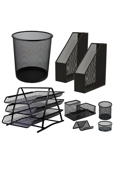 FLR Set of 8 desk supports, FLR, for documents and accessories, metal trays, desk basket, mesh Black
