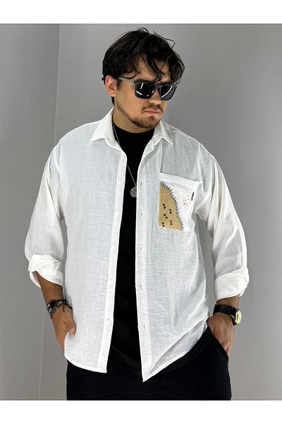MARESHAL Embroidery Straw Pocket Detailed Oversize Shirt (White)