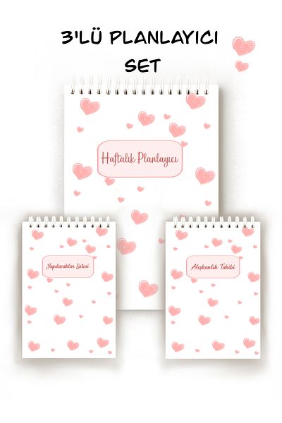 Handeto Kraft Heart Themed 3-Piece Turkish Planner Set, Weekly Planner, Habit Tracker, To-Do List, Planner