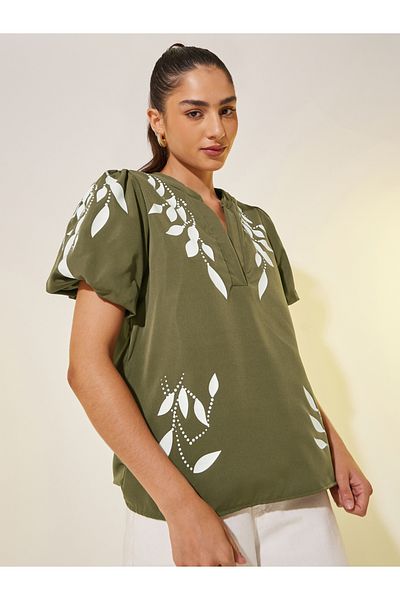 Styli Graphic Print Puff Sleeves Blouse