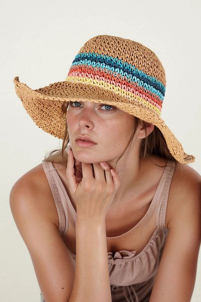 bacc Camel Hand Braided Color Striped Wide Straw Hat Bcnsv-2514620