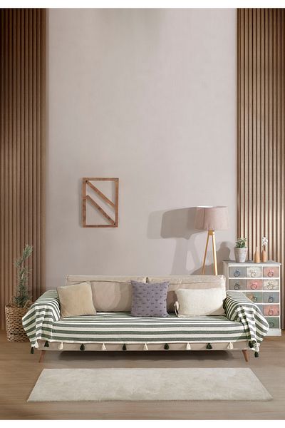 Lux Touch Pera Khaki Tasseled Arm Covering Sofa Cover 300X110 cm 3m Oversize Pompom Sofa Daybed Sofa Bed