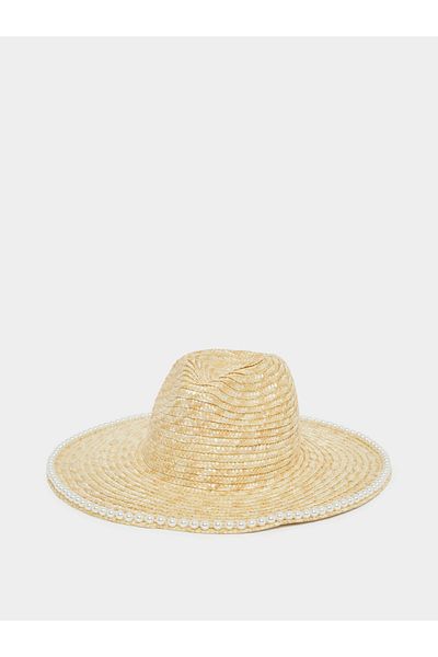 Styli Faux Pearl Embellished Straw Fedora Hat