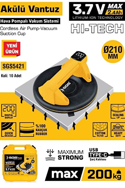 BİTERSE 200 KG Akülü Vakumlu Seramik Ahşap Cam Taşıma Vantuzu 3,7 Volt 2 Ampe...