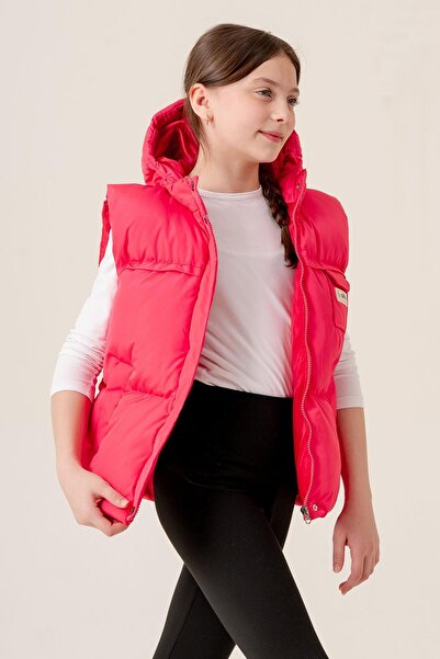 ASYAKİDS CLUB Girl's Hooded Pocket Lined Seasonal Puffer Vest