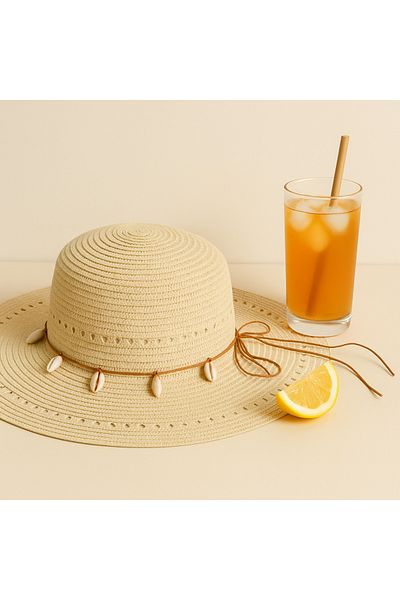 kabancım Natural Straw Wide Brim Summer Hat with Seashell