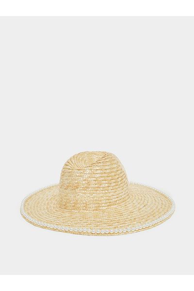 Styli Faux Pearl Embellished Straw Fedora Hat