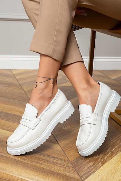 Deery Pantofi de damă Loafer alb din piele naturală