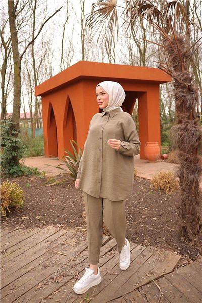 Bwest Simple Double Hijab Shirt Set - (38-46) - 71263 - Khaki