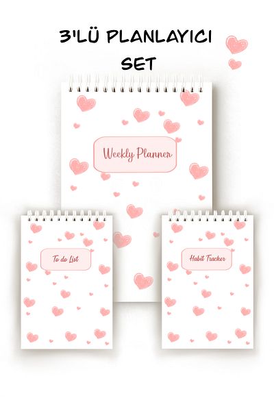 Handeto Kraft Heart Themed 3-Piece English Planner, Weekly Planner, Habit Tracker, To-Do List, Planner