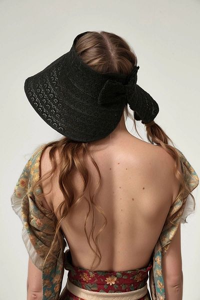 bacc Black Lace Open Top Wide Straw Visor Hat Bcnsv-2514535