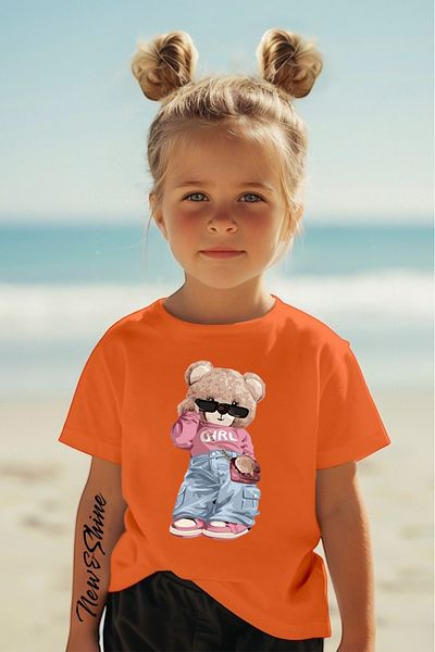New Shine Cool Girl Bear Printed Oversize Children's T-Shirt