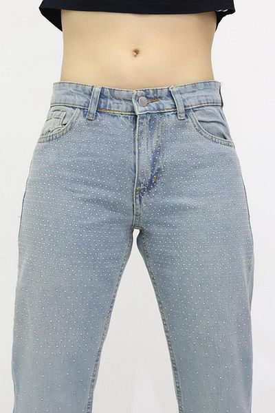 GZT TEKSTİL Women's Stoned High Waist Loose Wide Leg Jean Trousers