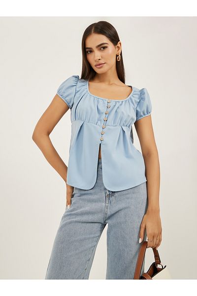 Styli Plain Puff Sleeves Buttoned Top with Gathered Detail