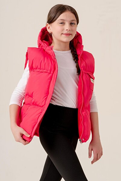 ASYAKİDS CLUB Girl's Hooded Pocket Lined Seasonal Puffer Vest