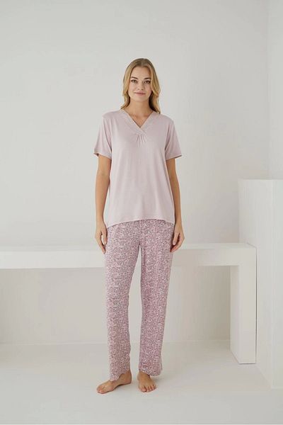 Pijamoni Women's Ring Viscose Fabric V-Neck Short Sleeve Pajama Set - 9565