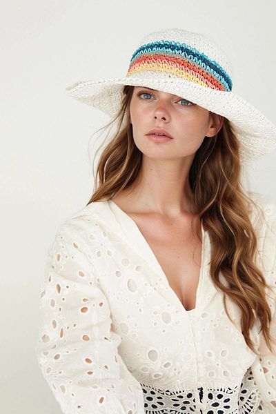 bacc White Hand Braided Color Striped Wide Straw Hat Bcnsv-2514620