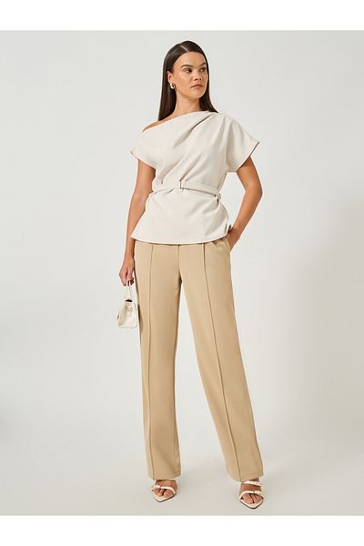 Styli Asymmetric Neck Short Sleeves Belted Top