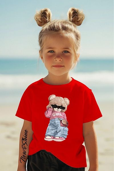 New Shine Cool Girl Bear Printed Oversize Children's T-Shirt