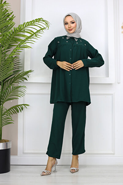 Kirazca Butik Women's Stone Detailed Studded Shirt Pants Double Set