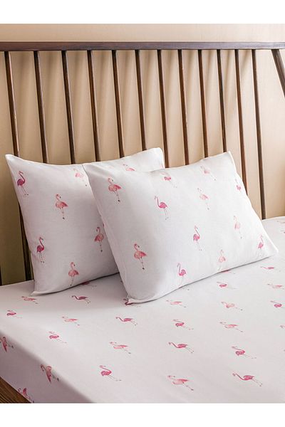 LC Waikiki Pink Flamingo Printed Air Permeable 100% Cotton White Double Fitted Sheet Set