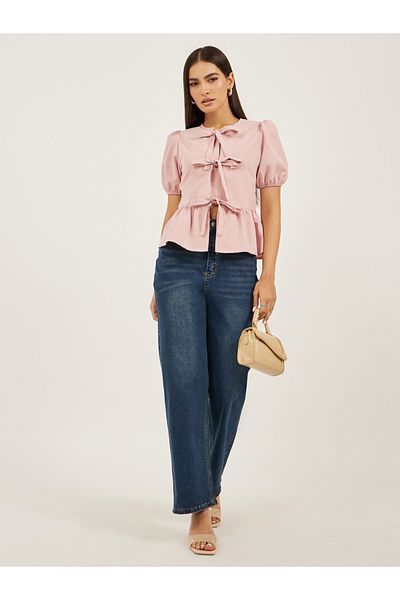 Styli Plain Puff Sleeves Peplum Top with Tie Detail