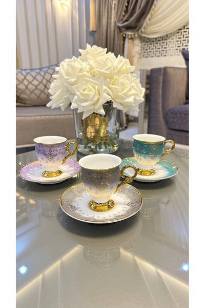 Vakıf home Gonca Model 6 Kişilik Porselen Renkli Kahve Fincan Takımı Seti