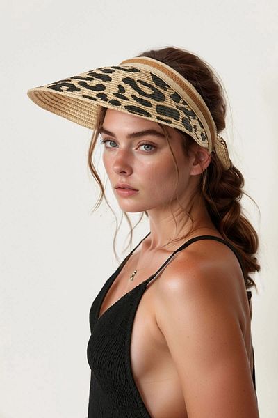 bacc Beige Leopard Patterned Straw Visor Hat Bcnsv-2514403