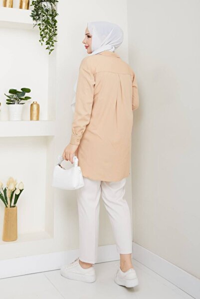 exxitcollection Γυναικείο Terikoton Long Stylish Μοντέρνο Μπεζ Πέτρινο Μπουφάν Πουκάμισο Hijab