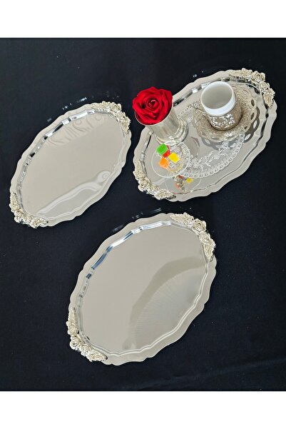 Melinda home PASLANMAZ OVAL GÜMÜŞ KULPLU SERVİS SUNUM TEPSİSİ 3 ADET