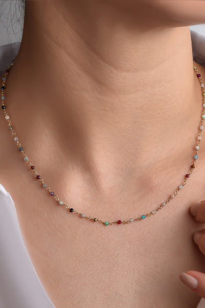 Nox Jewelry 14 Ayar Altın Kaplama El Yapımı Karışık Değerli Taş Minimal Boncu...