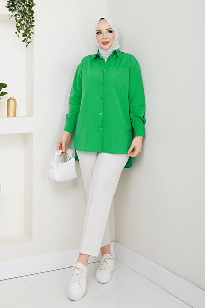 exxitcollection Γυναικείο Terikoton Long Stylish Μοντέρνο Πράσινο Μπουφάν Πουκάμισο Hijab