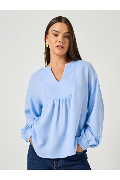 Styli بلوزة كتان بأكمام منفوخة ورقبة على شكل حرف V